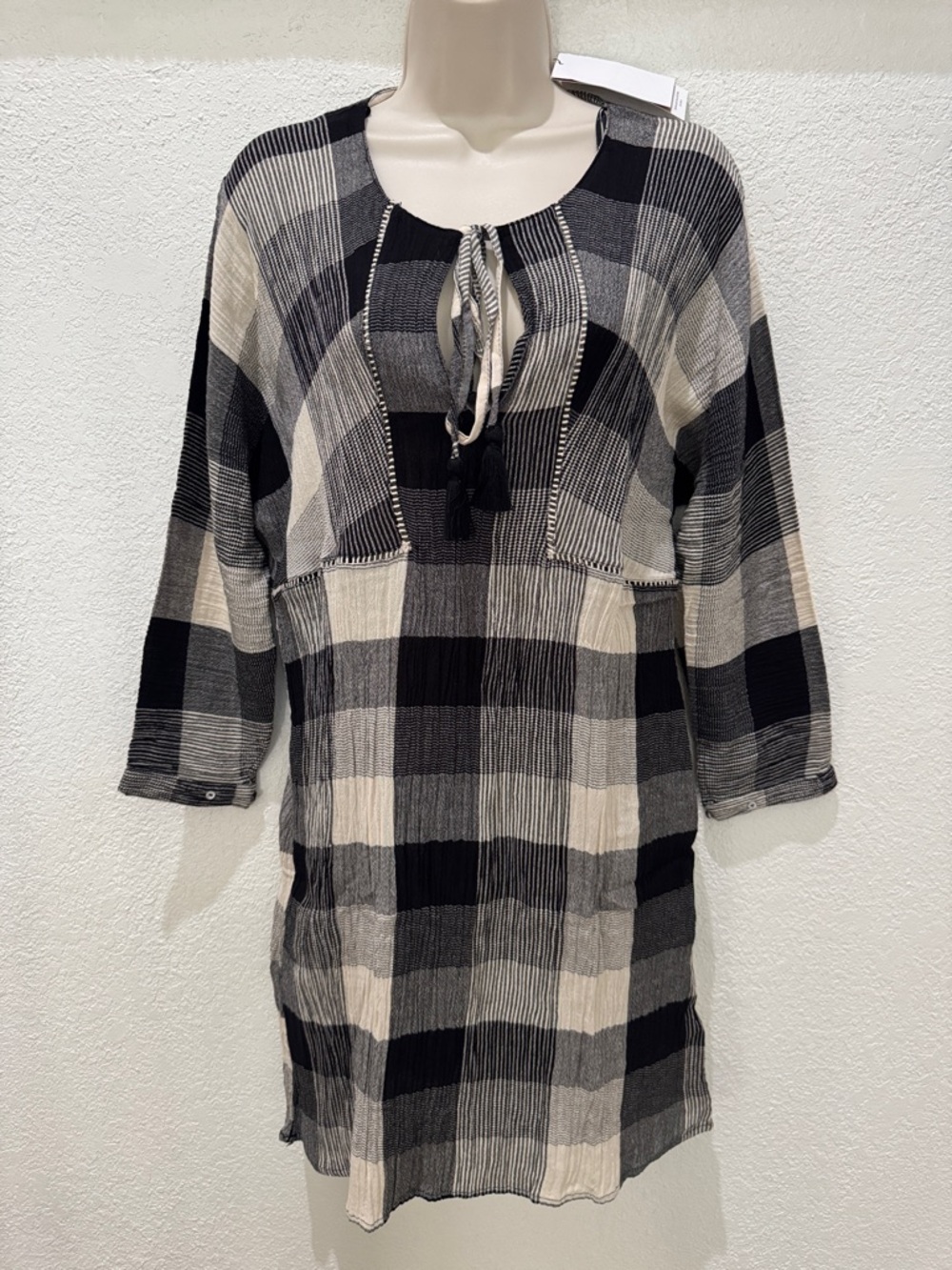ZARA Women’s Black & Cream Plaid Tie-Neck Mini Dress Size Small NWT
